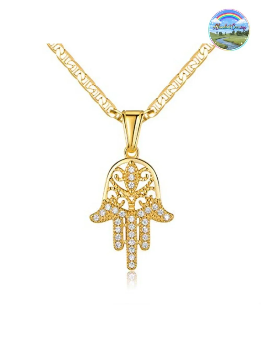 18K Gold Plated Hamsa Hand Pendant Necklace Flat Mariner Chain Lobster Clasp